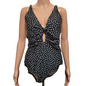 Kona Sol Womens One Piece Swimsuit Black White Polka Dot Plunge Neck L New